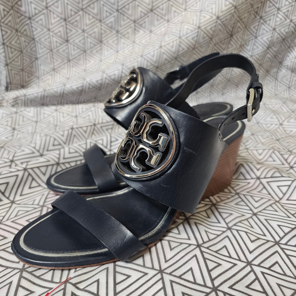 Tory Burch Metal Miller Leather Wedge Sandals Navy Blue Silver Size 8.5